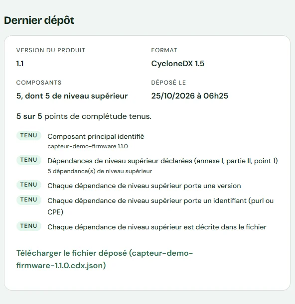 Capture d’écran « Composants (SBOM) », sur le compte de démonstration