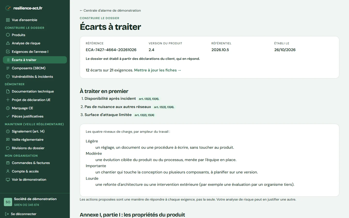 Capture d’écran « Écarts à traiter », sur le compte de démonstration