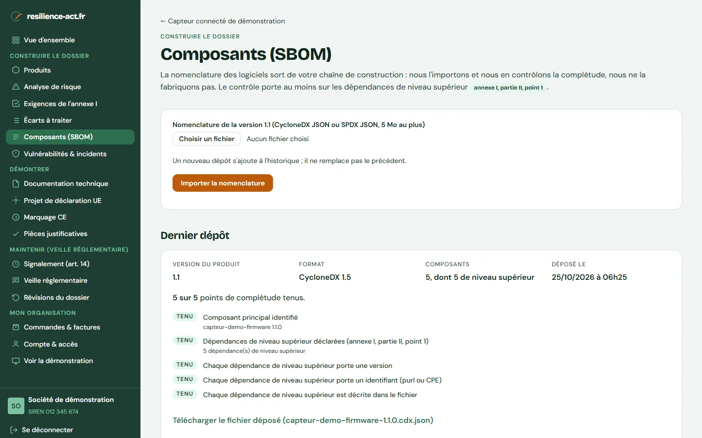 Capture d’écran « Composants (SBOM) », sur le compte de démonstration