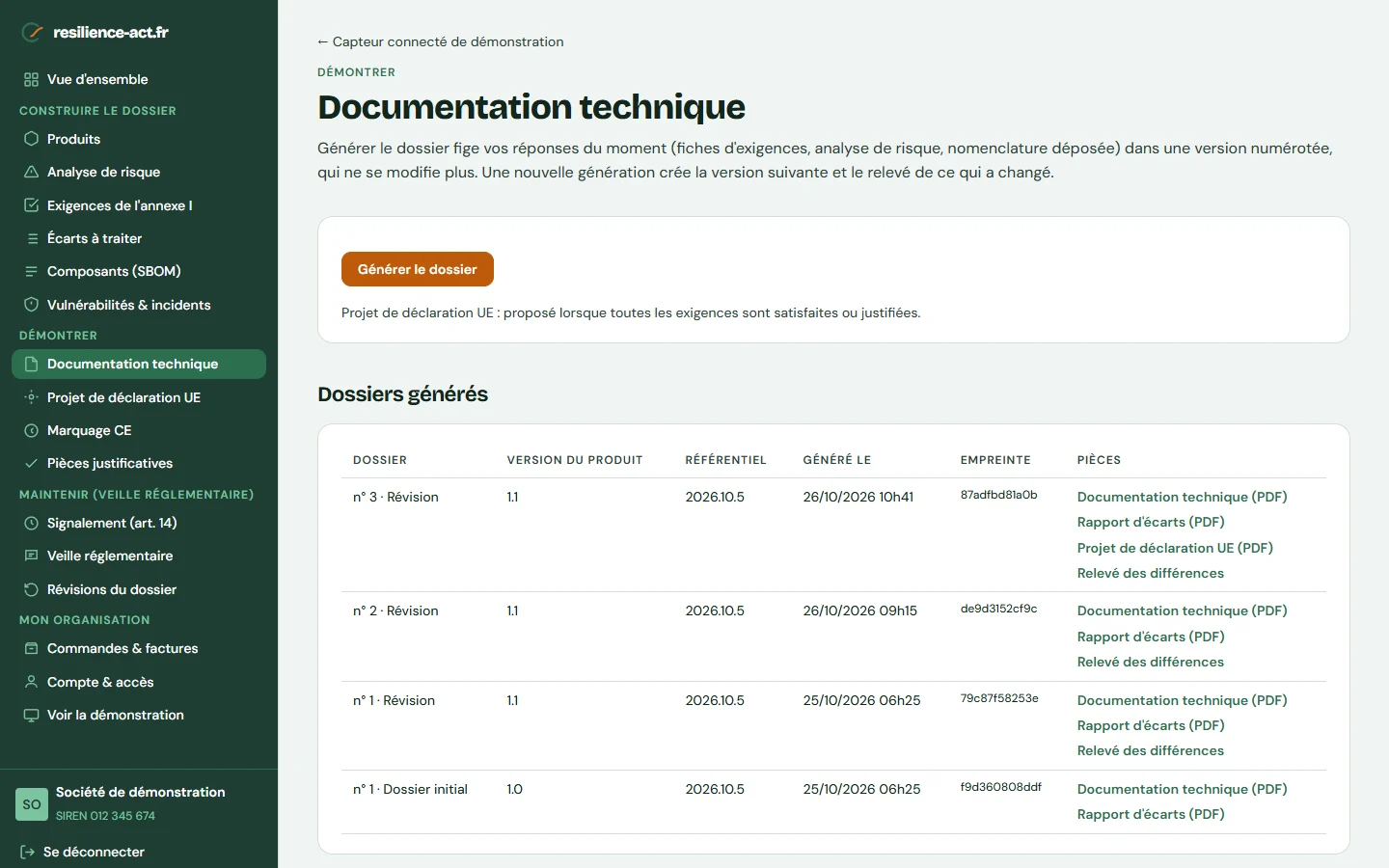 Capture d’écran « Documentation technique », sur le compte de démonstration