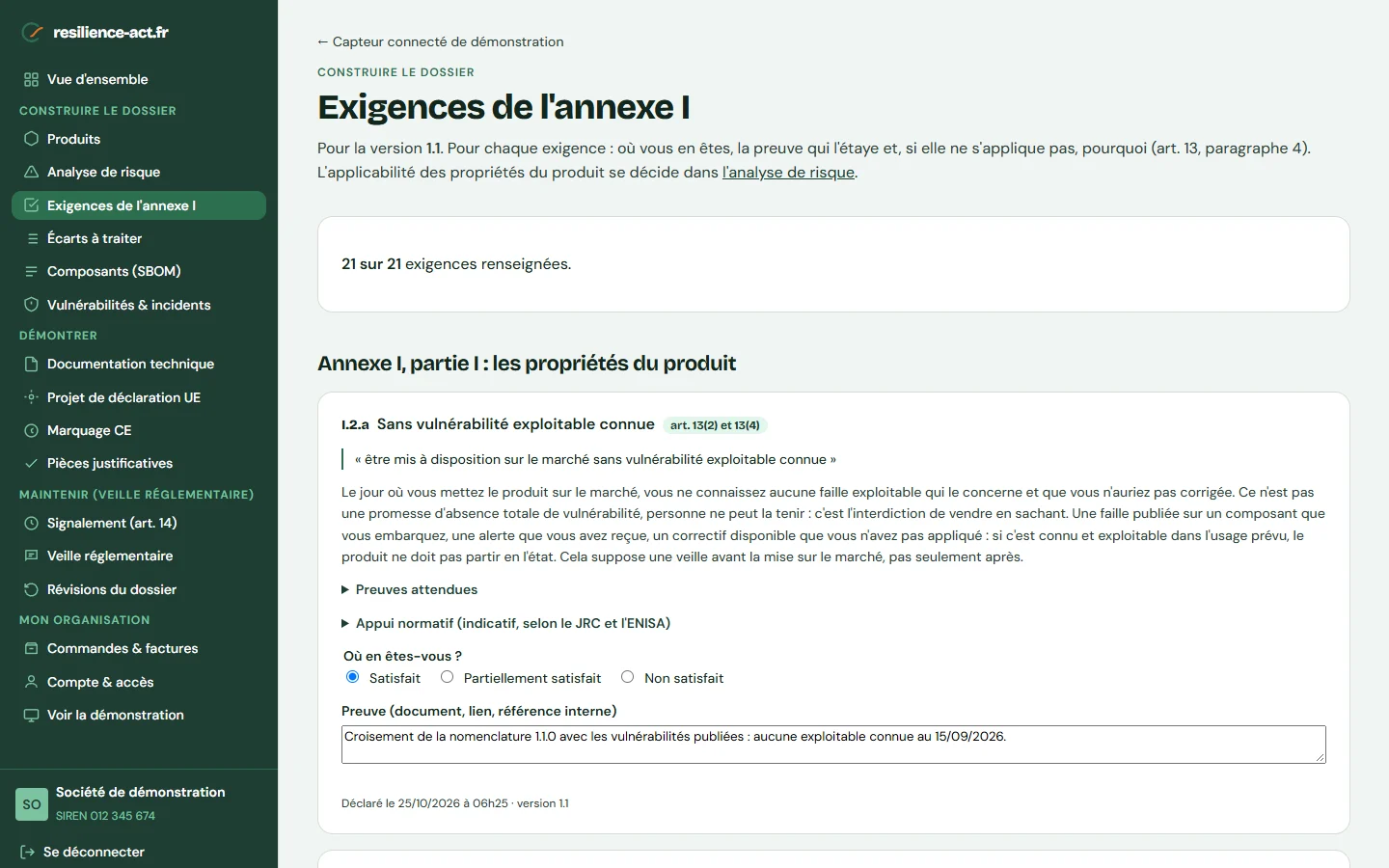 Capture d’écran « Exigences de l'annexe I », sur le compte de démonstration