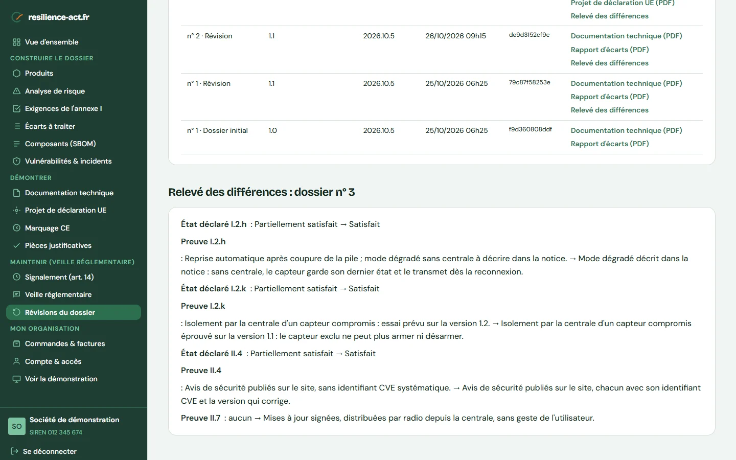 Capture d’écran « Révisions du dossier », sur le compte de démonstration