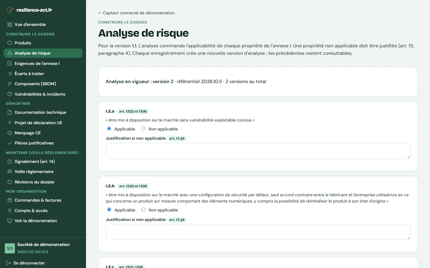 Capture d’écran « Analyse de risque », sur le compte de démonstration