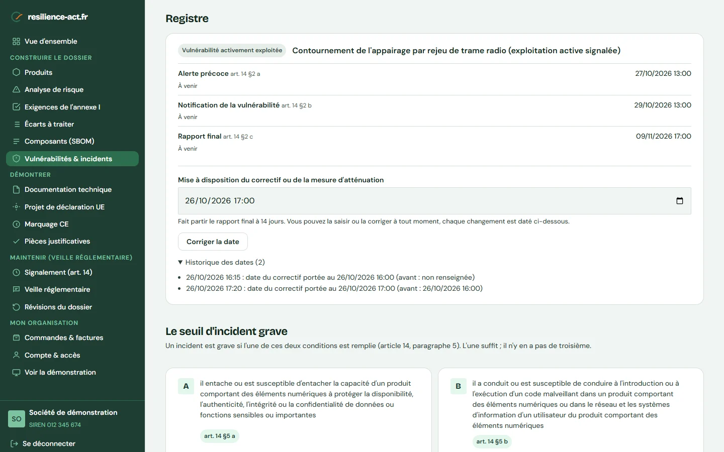 Capture d’écran « Vulnérabilités & incidents », sur le compte de démonstration