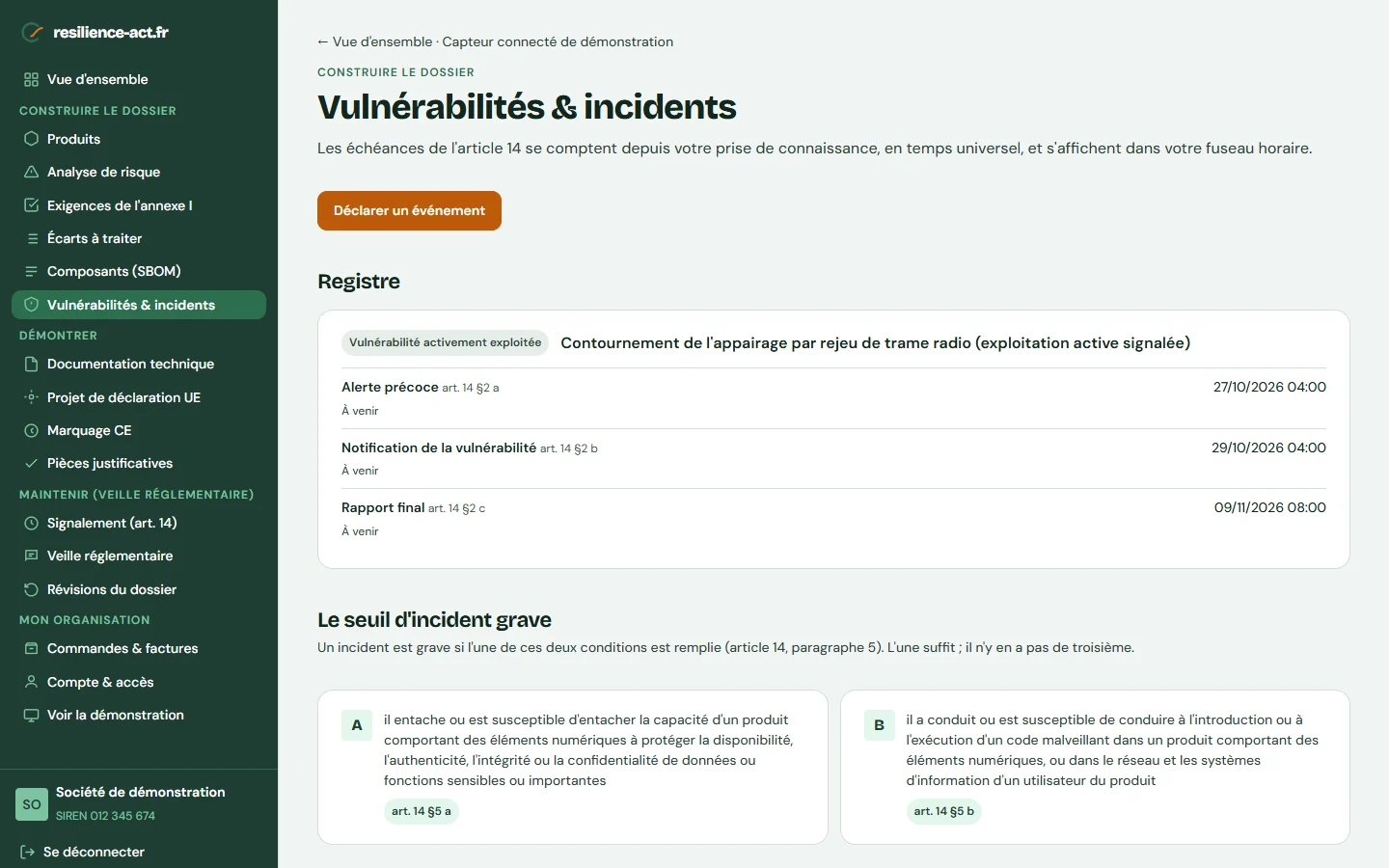 Capture d’écran « Vulnérabilités & incidents », sur le compte de démonstration