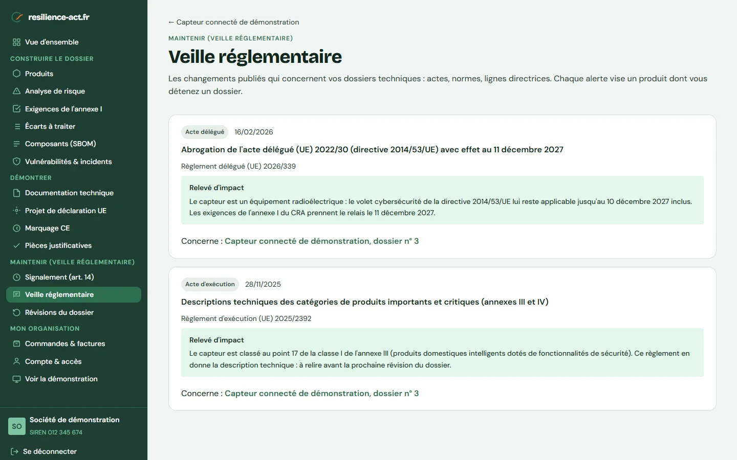 Capture d’écran « Veille réglementaire », sur le compte de démonstration