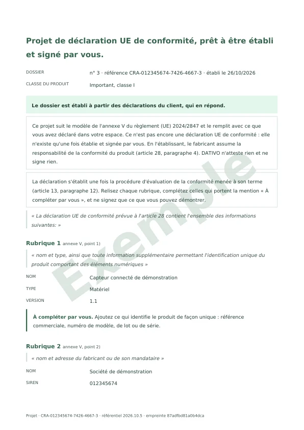 Première page « Projet de déclaration UE », dossier du compte de démonstration