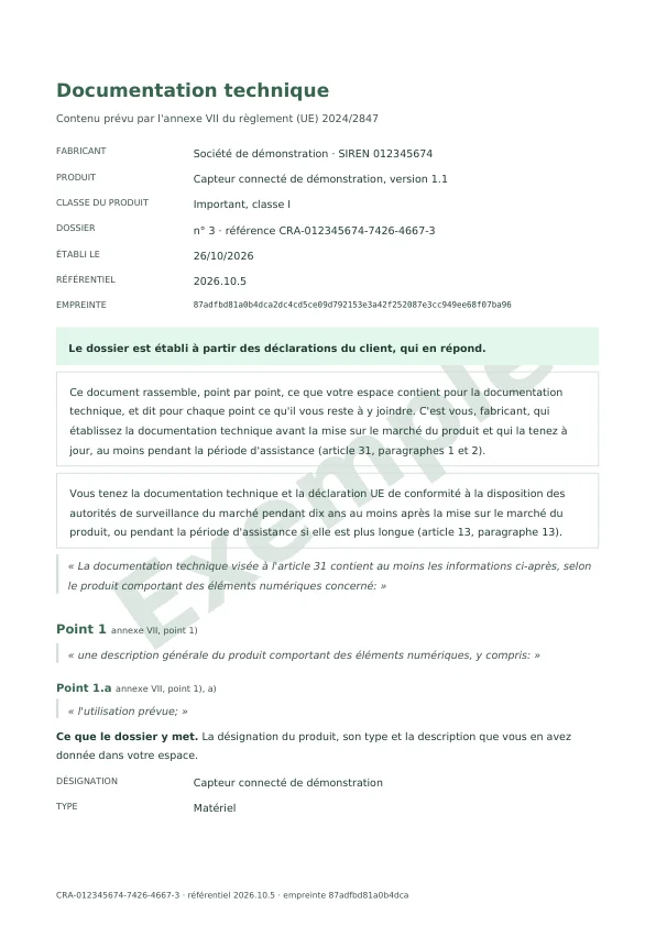 Première page « Documentation technique », dossier du compte de démonstration
