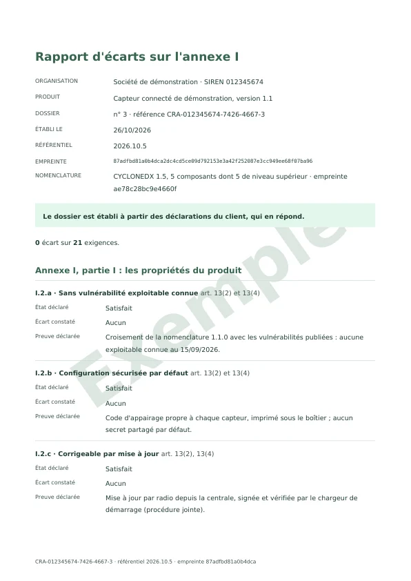 Première page « Rapport d'écarts », dossier du compte de démonstration