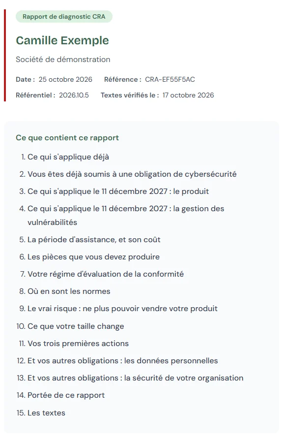 Capture d’écran « Rapport de diagnostic », sur le compte de démonstration